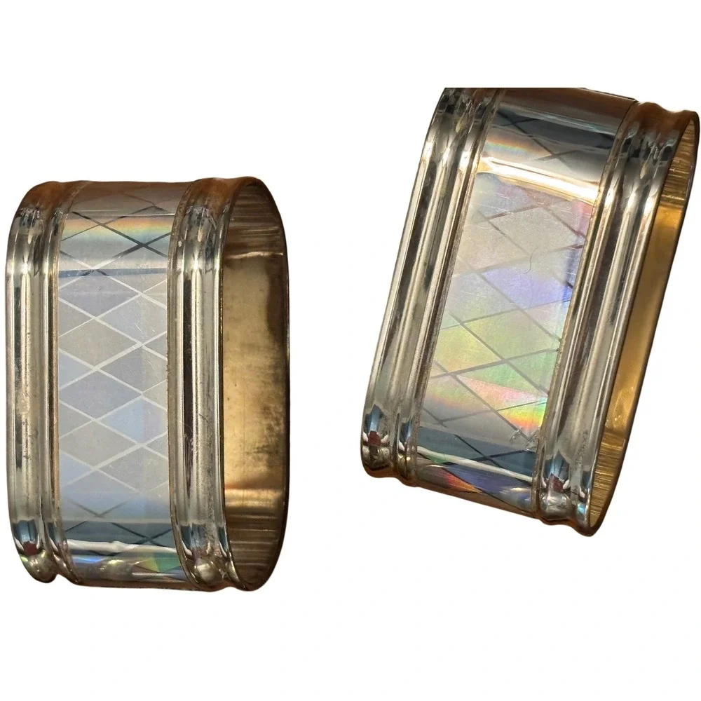 Vintage Iridescent Silver Tone Napkin Rings‎ Set of 6 Diamond Harlequin Oval MCM